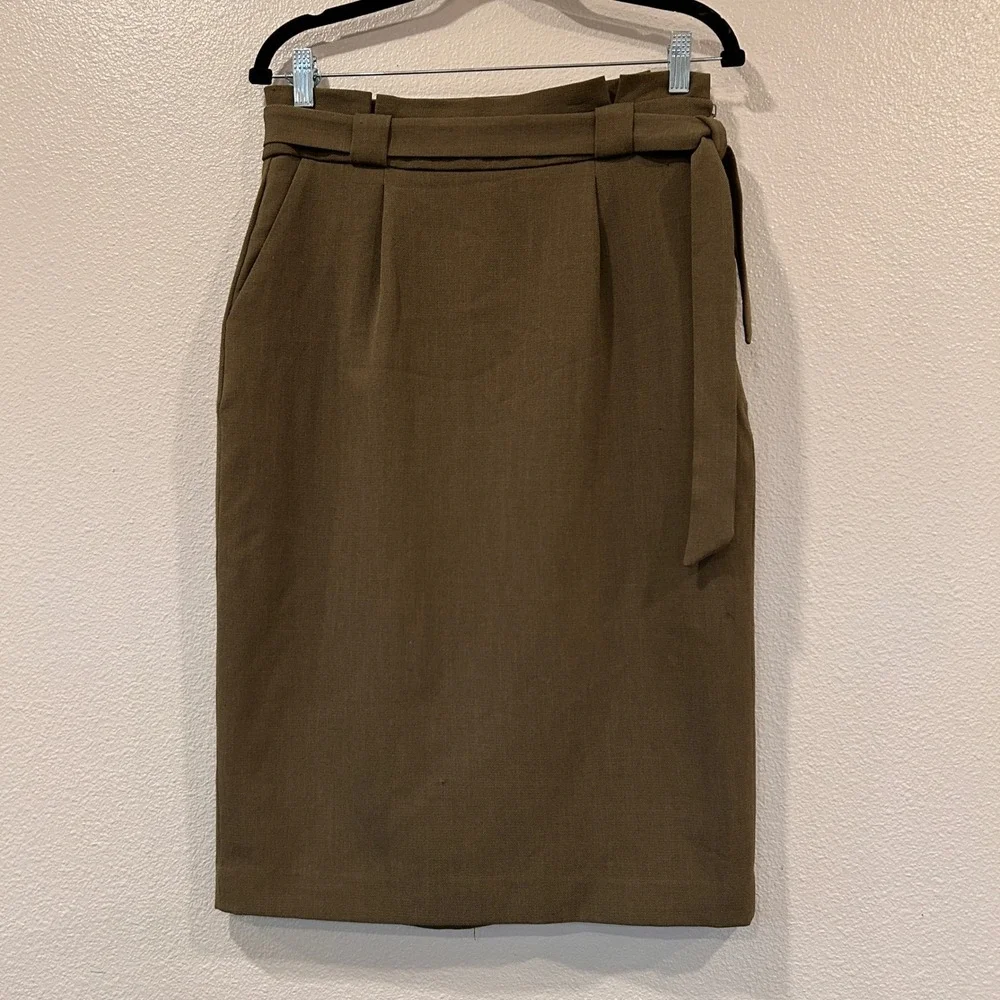 Calvin Klein Womens Olive Green Paperbag Waist Belted Pencil Skirt Size 8